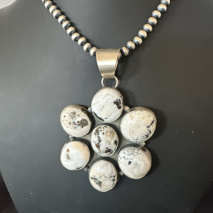 White Buffalo Turquoise Cluster Pendant Navajo Sterling Silver Necklace 19270