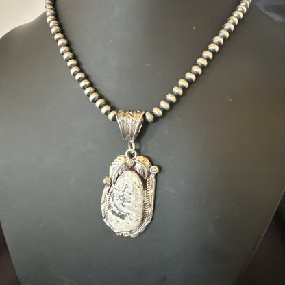 White Buffalo Turquoise Pendant Navajo Pearls Sterling Silver Necklace 19336