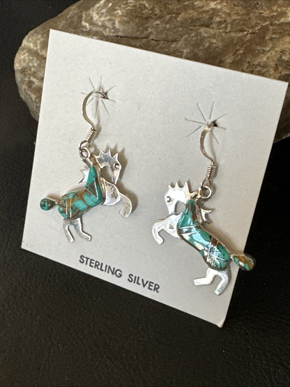 Turquoise Horse Inlay Navajo Sterling Silver Earrings 19826