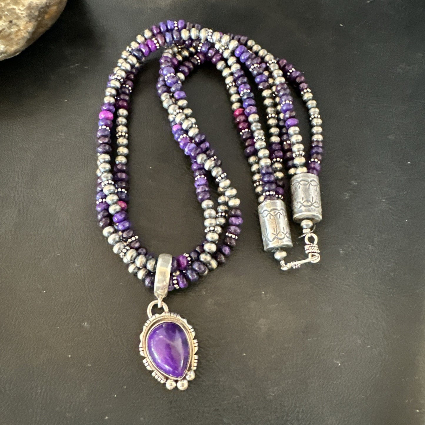 Navajo Sterling Silver 3 Strand Purple Stone Necklace Pendant 22” 19028