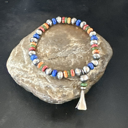 Multicolor Lapis Turquoise Stretch Bead Bracelet Navajo Sterling Silver 17908