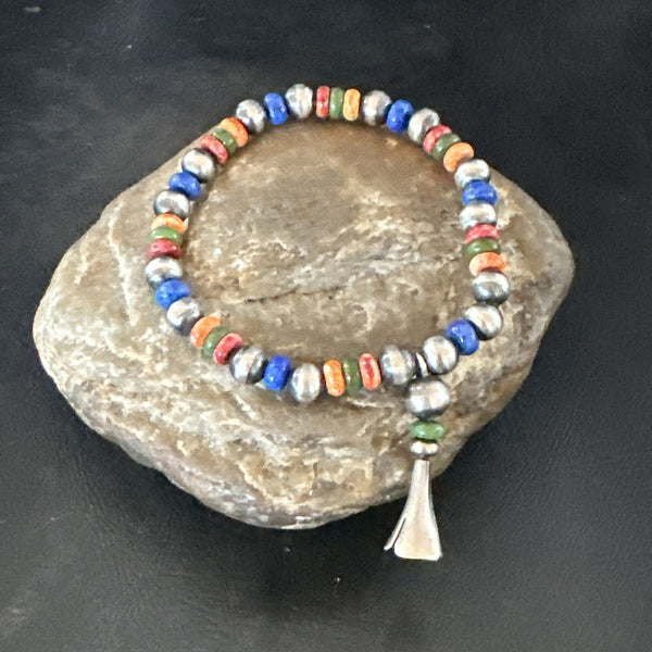 Multicolor Lapis Turquoise Stretch Bead Bracelet Navajo | Sterling Silver | Authentic Native American Handmade | 17908