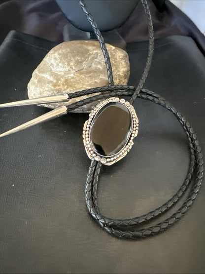 Mens Black Onyx Navajo Sterling Silver Bolo Tie 18663