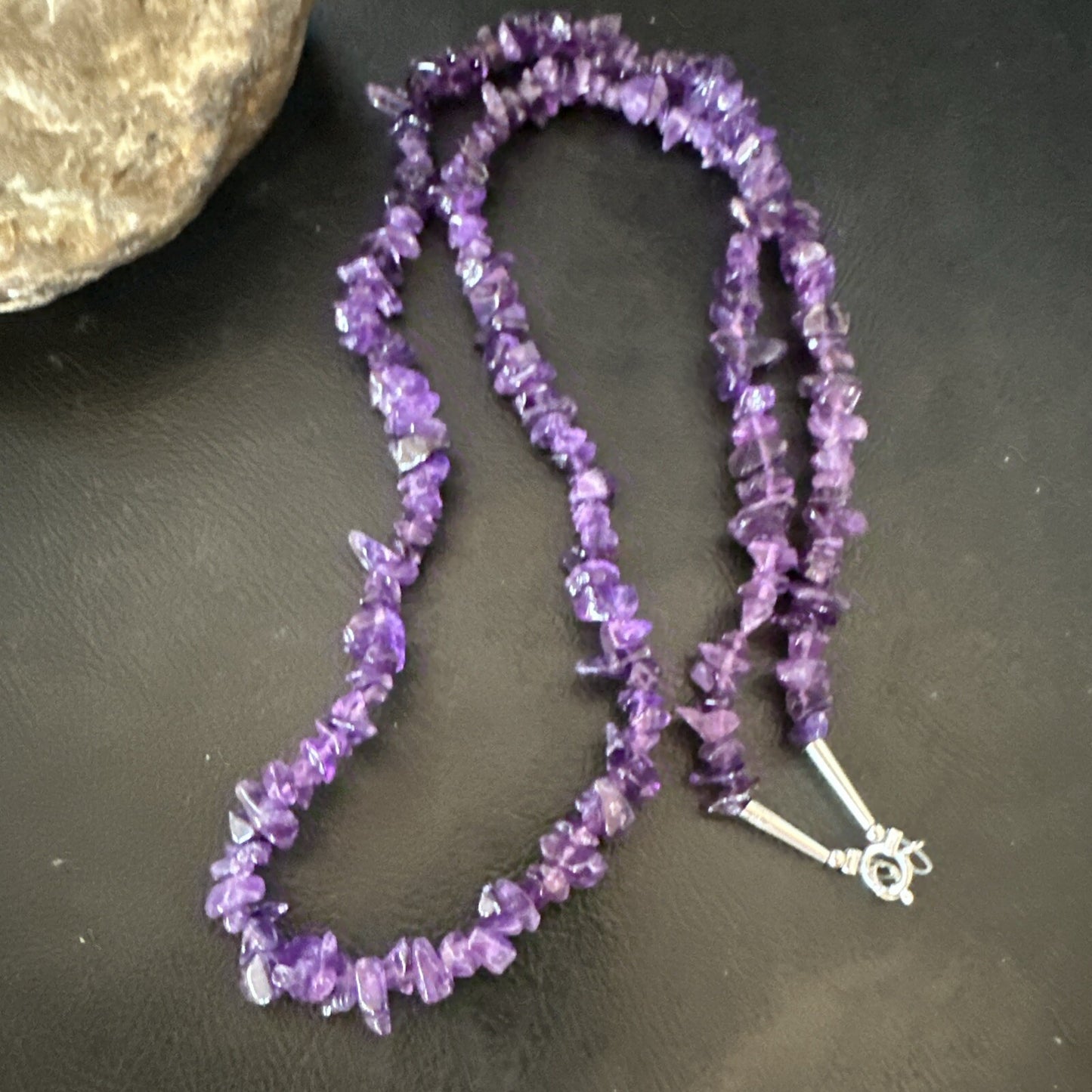 Purple Nugget Amethyst Southwestern Sterling Silver Beads Necklace 26” 18820