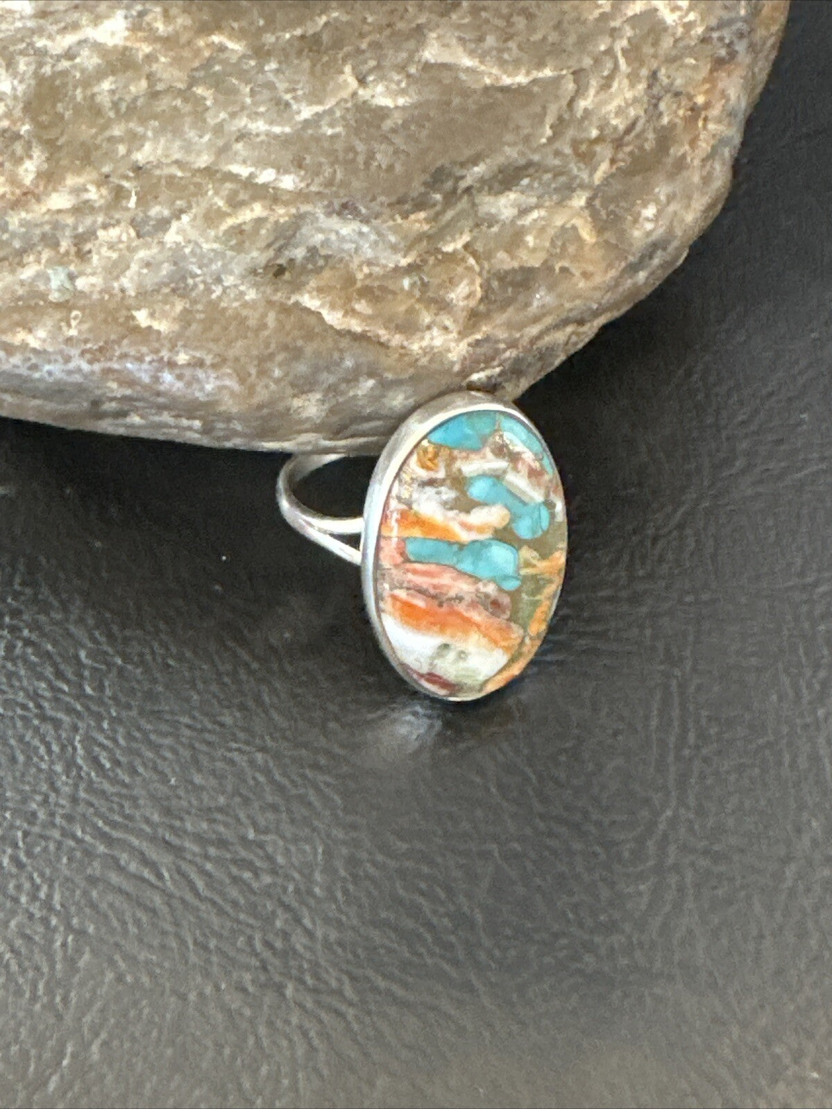 Blue Turquoise Orange Spiny Oyster Navajo Sterling Silver Ring Size 10 18208