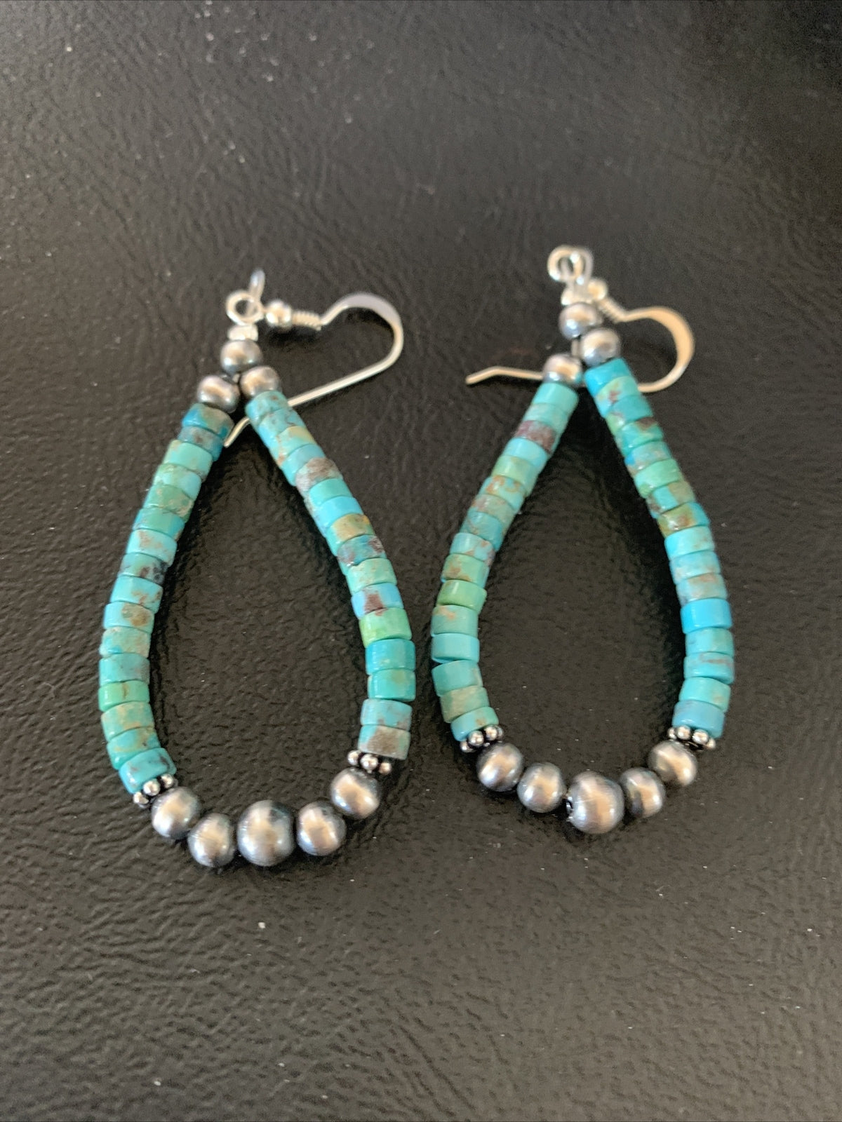Blue Turquoise Heishi Sterling Silver Navajo Beads Earrings 2" 13043