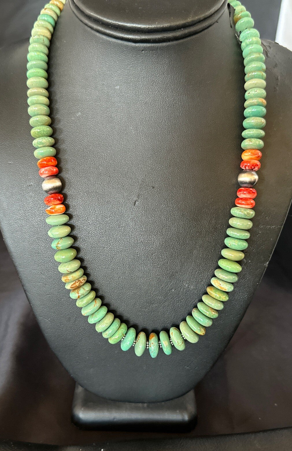 Green Turquoise Spiny Oyster Sterling Silver Beads Necklace 18302