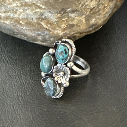 Yazzie Ring Blue Turquoise Navajo Sterling Silver Cluster Size 8.5 19238