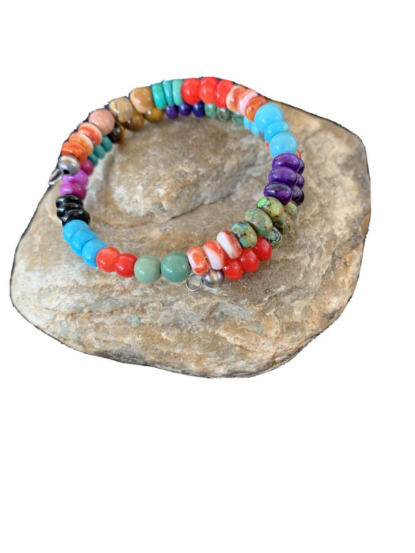 Turquoise, Coral, Tigers Eye, Onyx Navajo Stainless Memory Wire Bracelet | Authentic Native American Handmade | 515