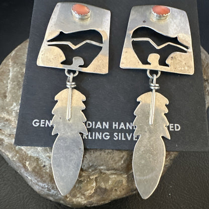 Old Pawn Pink Coral Navajo Sterling Silver Dangle Bear Feather Earrings 2” 19084