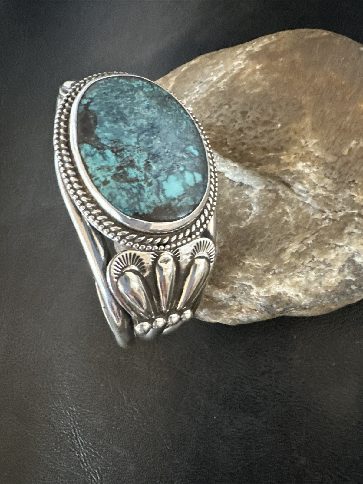 H Joe Blue Spiderweb Turquoise Navajo Sterling Silver Cuff Bracelet 8.2" 19424