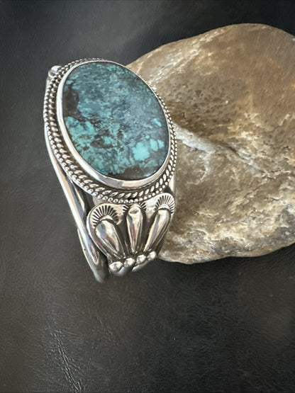 H Joe Blue Spiderweb Turquoise Navajo Sterling Silver Cuff Bracelet 8.2" 19424