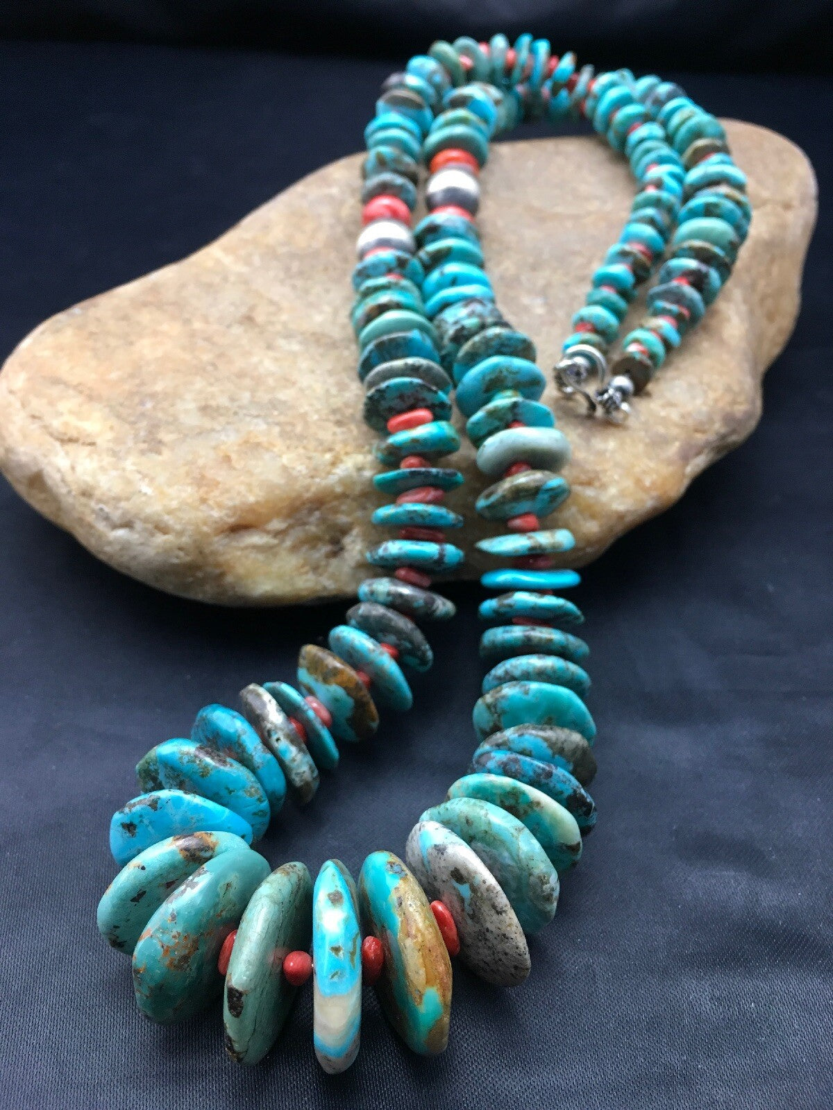Turquoise & Spiny Oyster Graduated Navajo Sterling Silver Necklace 29" 04362