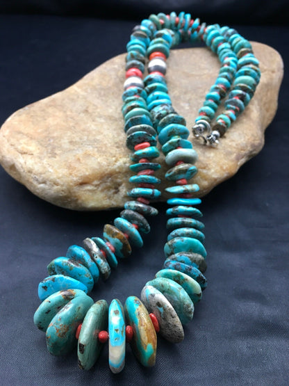 Turquoise & Spiny Oyster Graduated Navajo Sterling Silver Necklace 29" 04362
