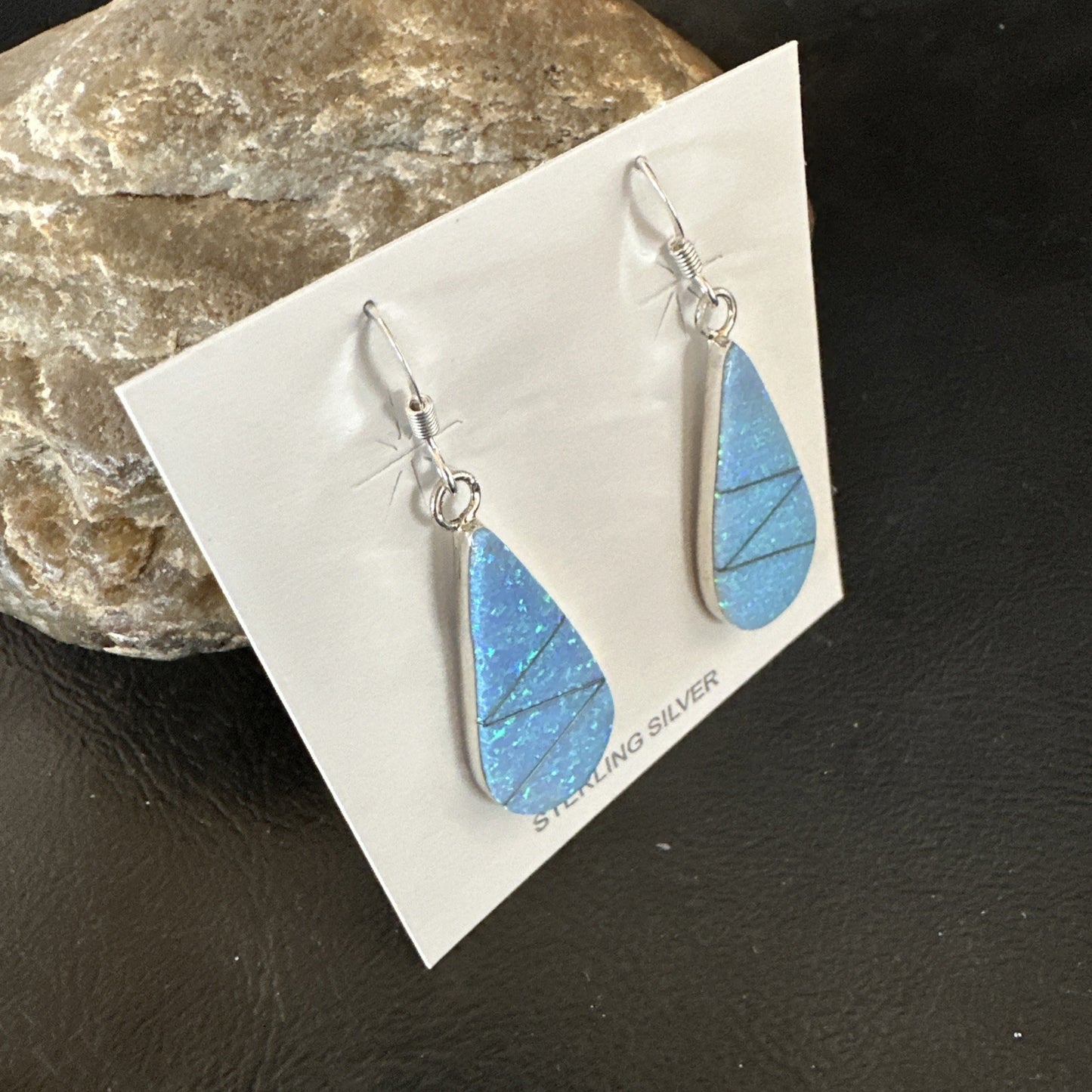 Blue Faux Opal Dangle Inlay Navajo Sterling Silver Earrings 19263