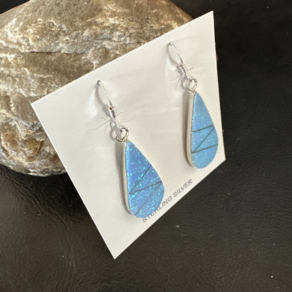 Blue Faux Opal Dangle Inlay Navajo Sterling Silver Earrings 19263