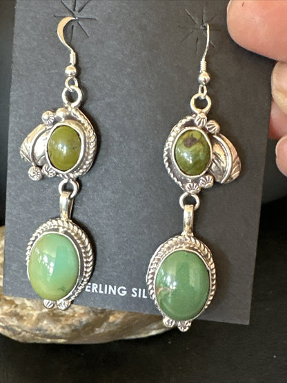 Native Navajo Green Turquoise Sterling Silver Dangle Earrings 2” 17694