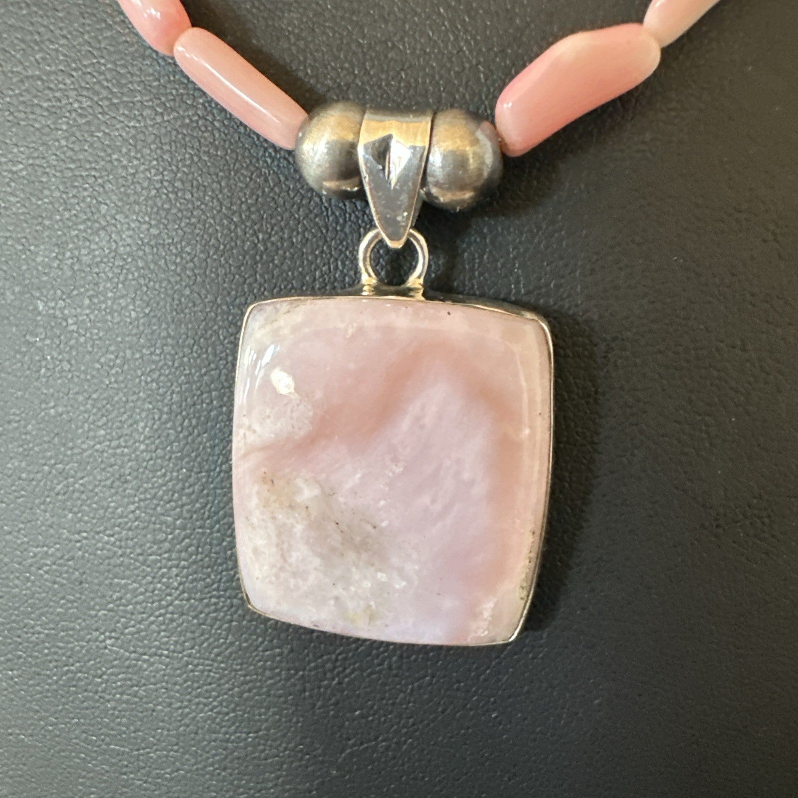 Southwestern Sterling Silver Pink Coral Bead Necklace Quartz Pendant 24" 19591
