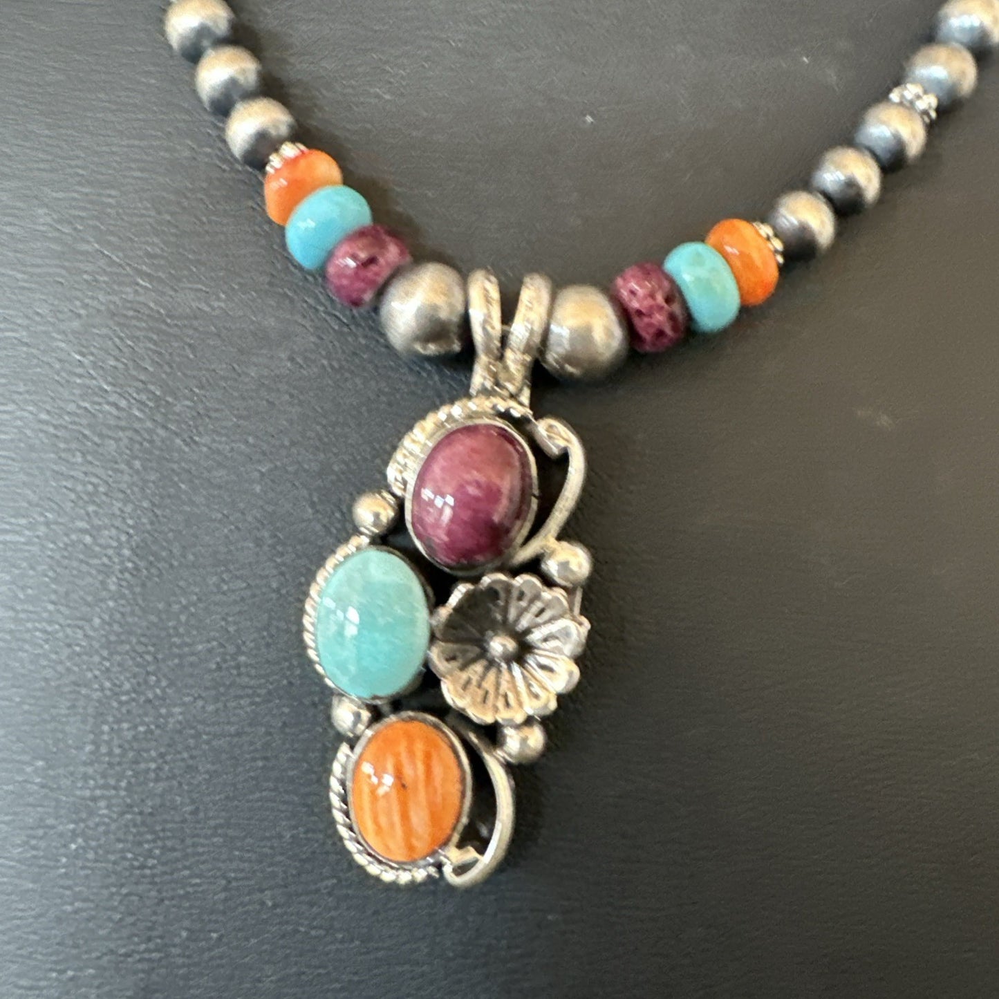 Multicolor Turquoise Spiny Navajo Sterling Silver Cluster Pendant Necklace 19641