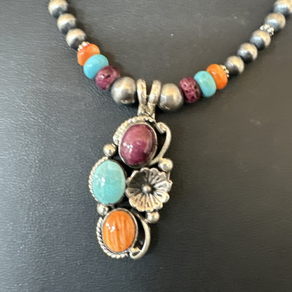 Multicolor Turquoise Spiny Navajo Sterling Silver Cluster Pendant Necklace 19641