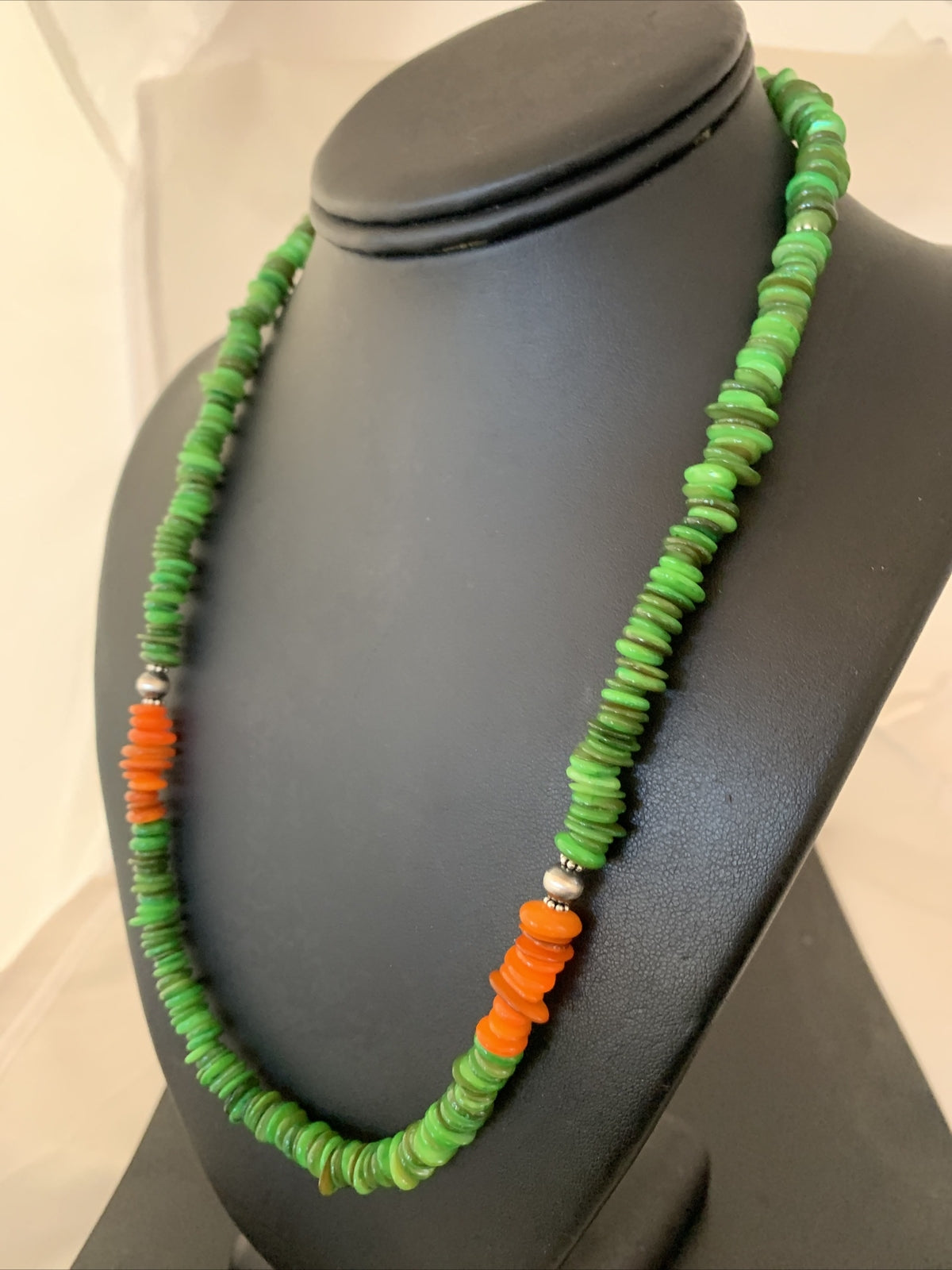 Orange Green Mother of Pearls Navajo Sterling Silver Beads Necklace 01054