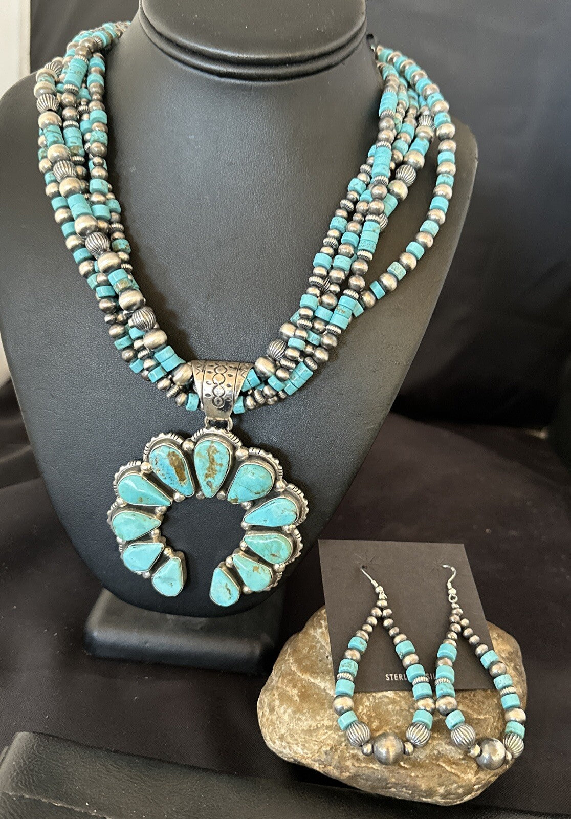 Blue Turquoise Naja Pendant Navajo Sterling Silver Earrings Necklace 21" 16865