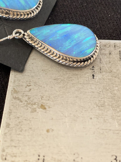 Native American Womens Navajo Sterling Silver Blue Opal Earrings 00471