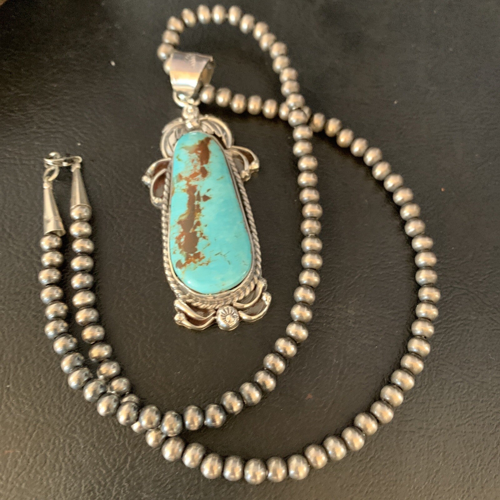Men Blue Kingman Turquoise Pendant Navajo Pearls Sterling Silver Necklace 14204N