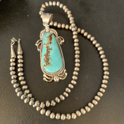 Men Blue Kingman Turquoise Pendant Navajo Pearls Sterling Silver Necklace 14204N