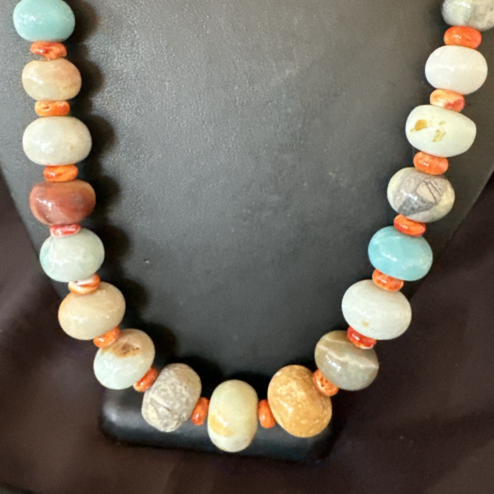 Blue Amazonite Orange Spiny Navajo Sterling Silver Bead Necklace 23” 17831