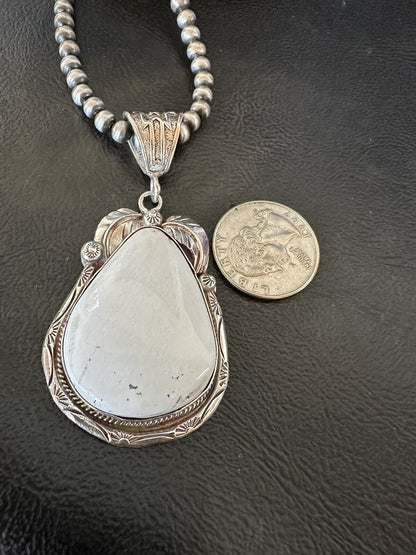 Mens White Buffalo Turquoise Pendant Sterling Silver Beads Necklace 18310