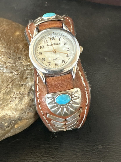 Womens Blue Turquoise Navajo Sterling Silver Cuff Watch Leather Bracelet 17736