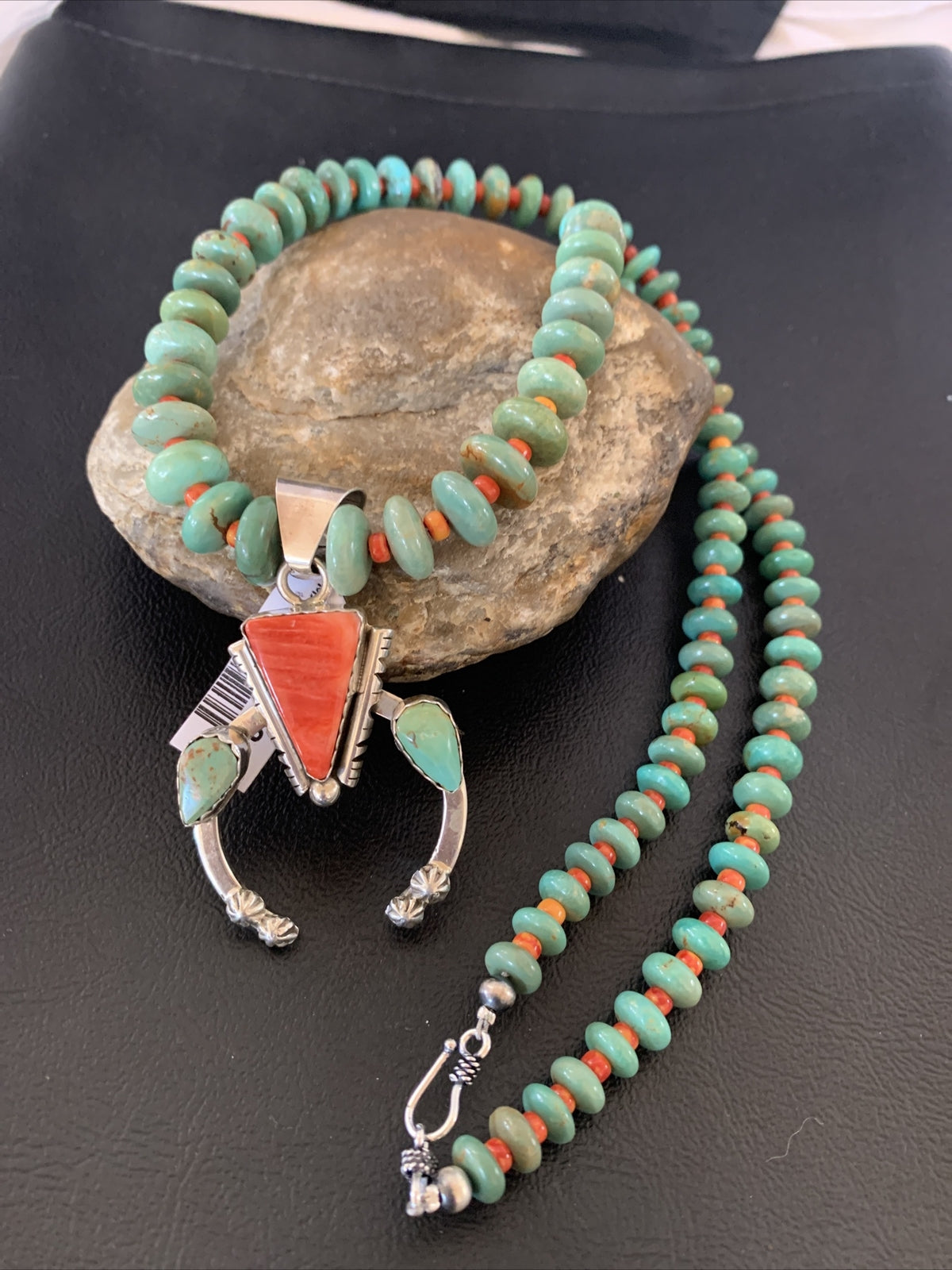 Royston Turquoise & Spiny Oyster Pendant Navajo Sterling Silver Necklace 02042