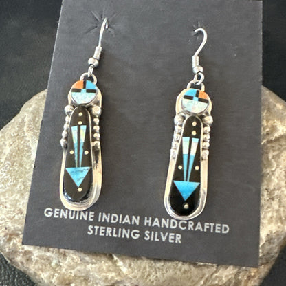 Navajo Onyx Opal Turquoise Inlay Earrings Sterling Silver Handmade 19773