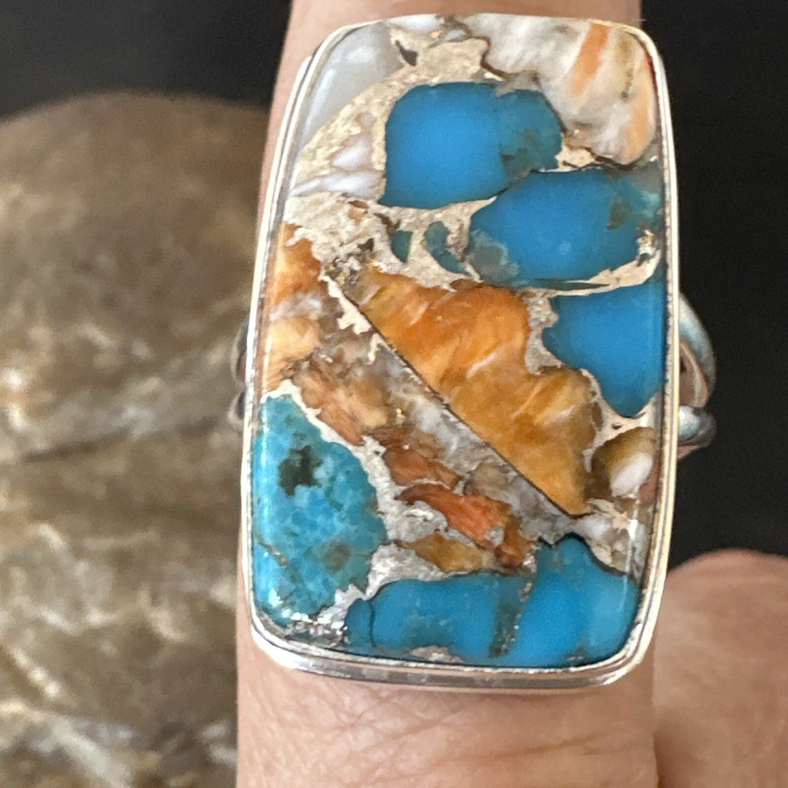 Blue Turquoise Spiny Oyster Southwestern Sterling Silver Ring Size 11 18452