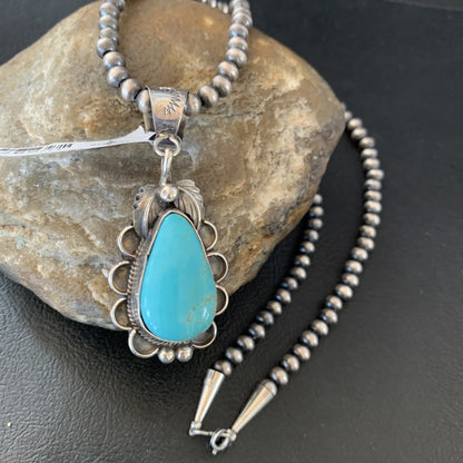 Mens Blue Kingman Turquoise Pendant Navajo Pearls Sterling Necklace 10697N