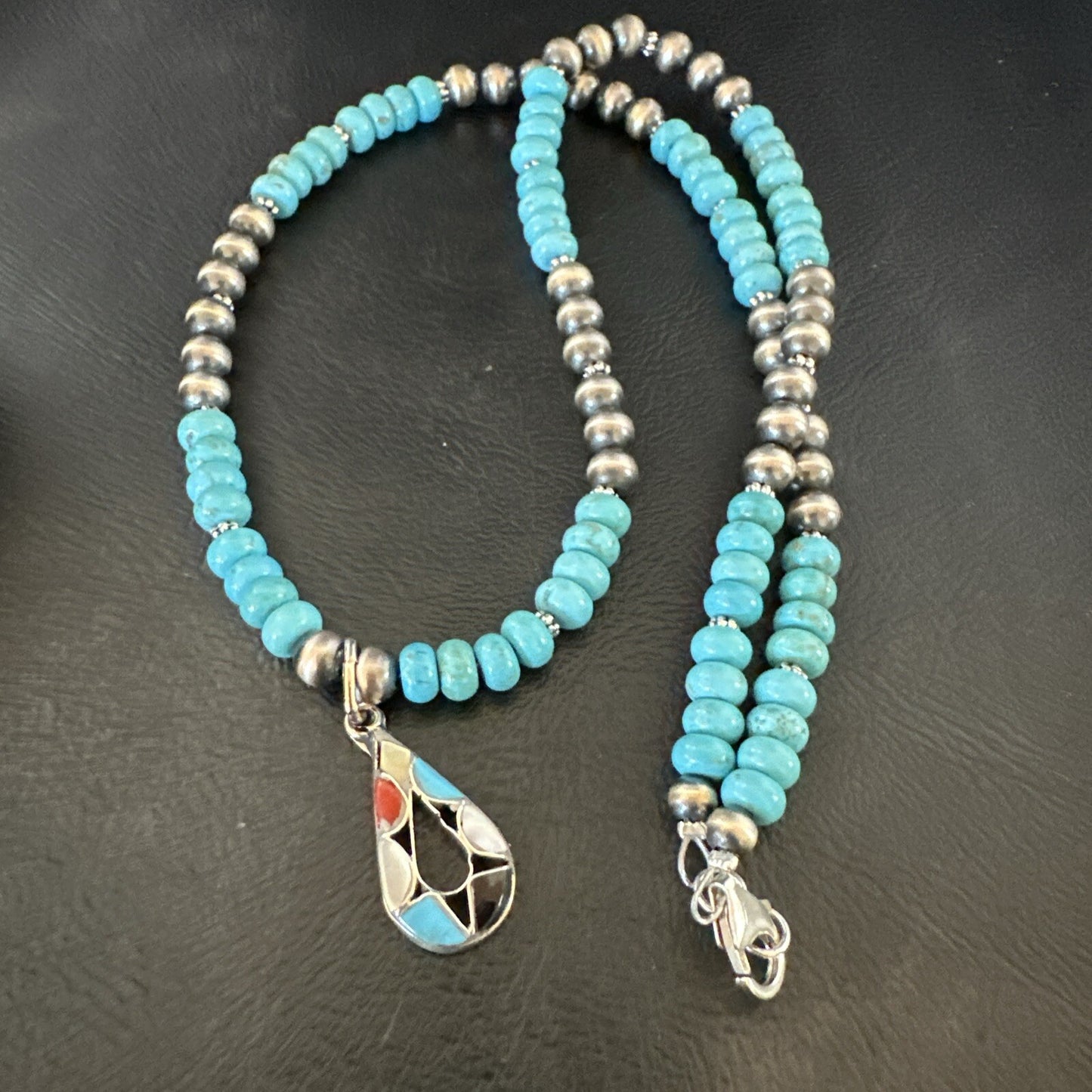 Zuni Turquoise Pink MOP Inlay Pendant 2Sided Necklace Sterling Silver 18064