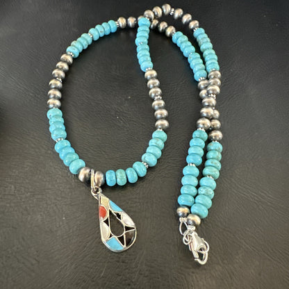 Zuni Turquoise Pink MOP Inlay Pendant 2Sided Necklace Sterling Silver 18064