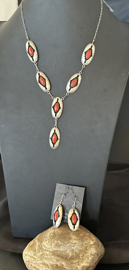 Old Native Navajo Red Coral Sterling Silver Shadowbox Necklace Earrings 18”19101