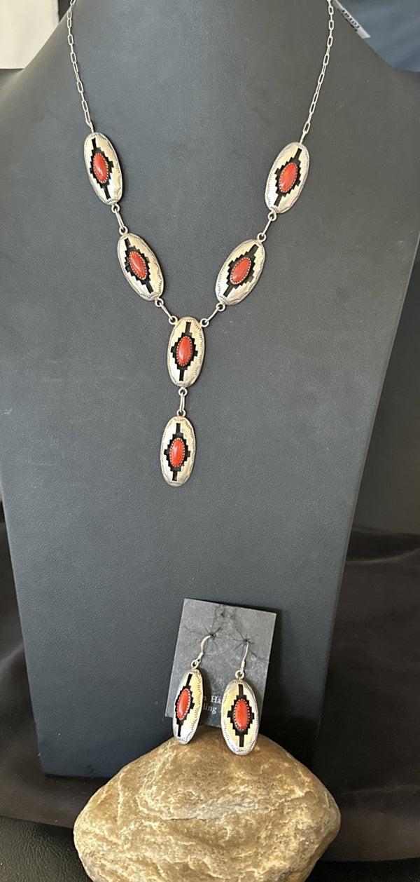 Old Navajo Red Coral Shadowbox Necklace Earrings 18" | Sterling Silver | Authentic Native American Handmade | 19101