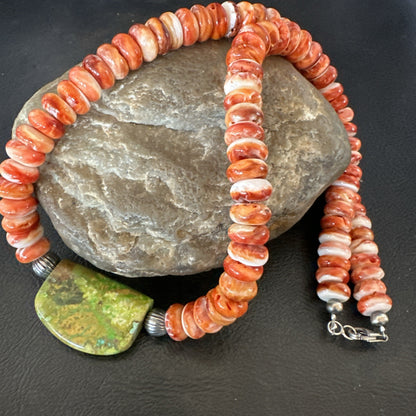 Orange Spiny  Green Turquoise Navajo Sterling Silver Pendant Necklace 20” 19636