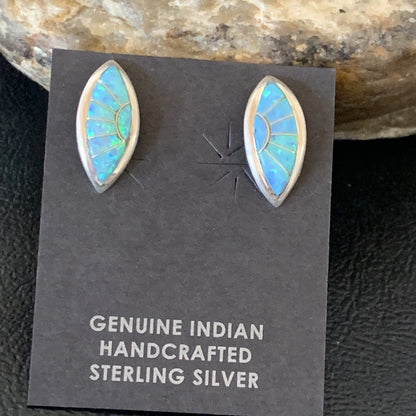 Womens Blue Opal Inlay Navajo Sterling Silver Post Earrings 12779