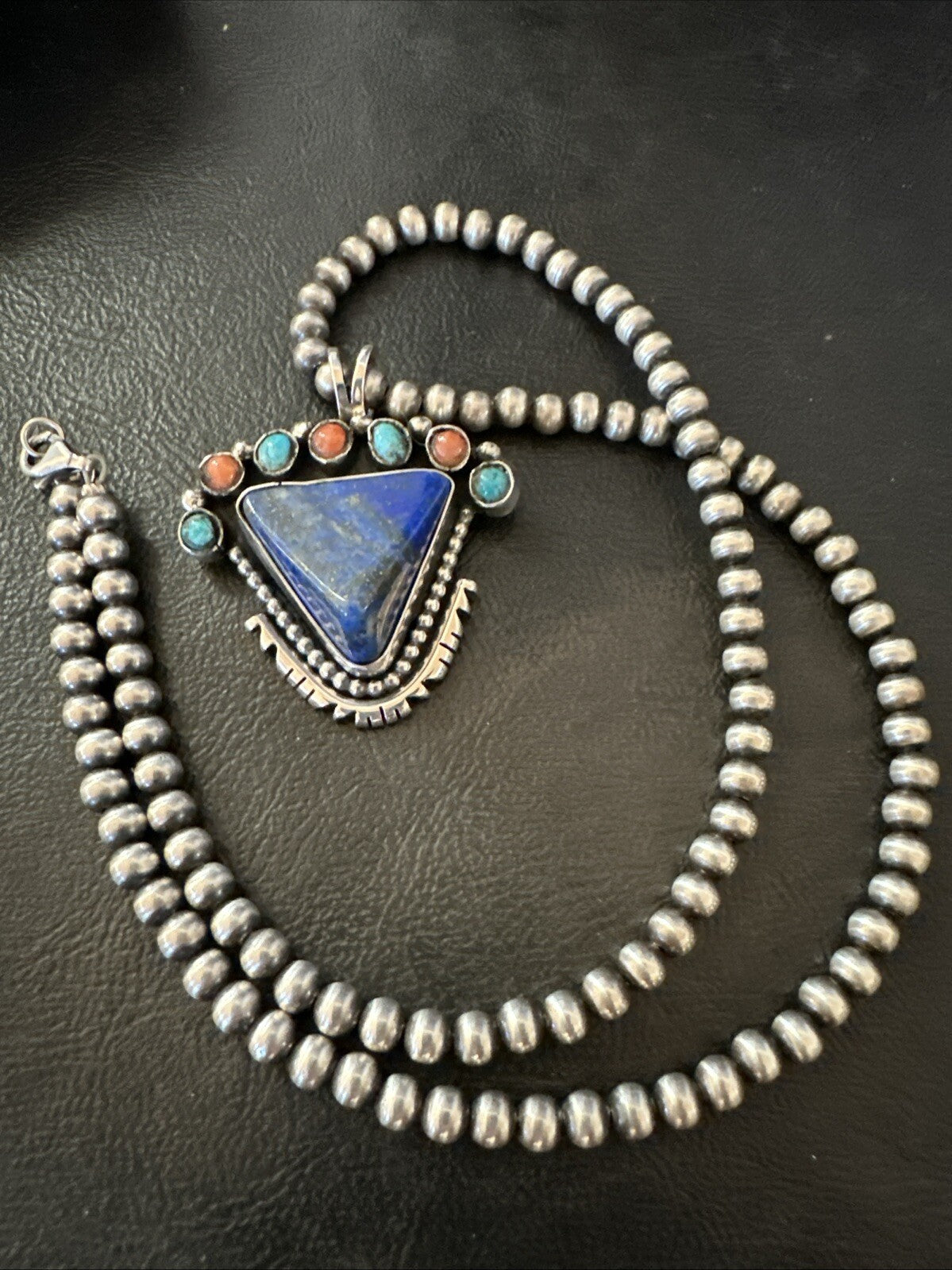 Blue Lapis Cluster Pendant Navajo Sterling Silver Beads Necklace 20" 18753