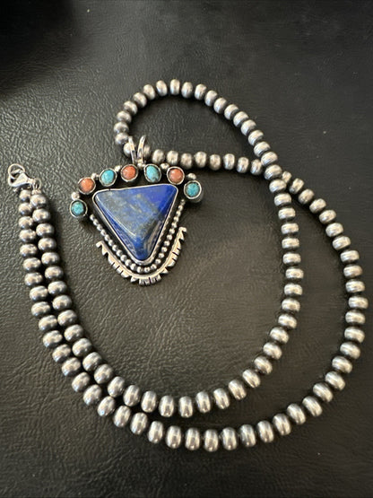 Blue Lapis Cluster Pendant Navajo Sterling Silver Beads Necklace 20" 18753