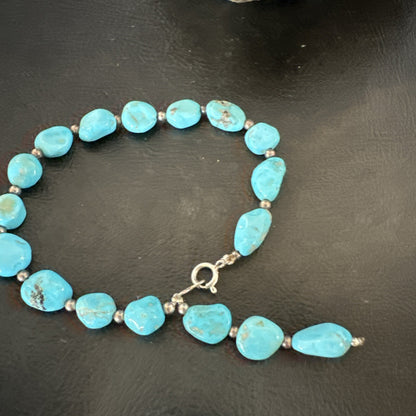 Blue Sleeping Beauty Nugget Turquoise Sterling Silver Navajo Bracelet 7.5” 18608