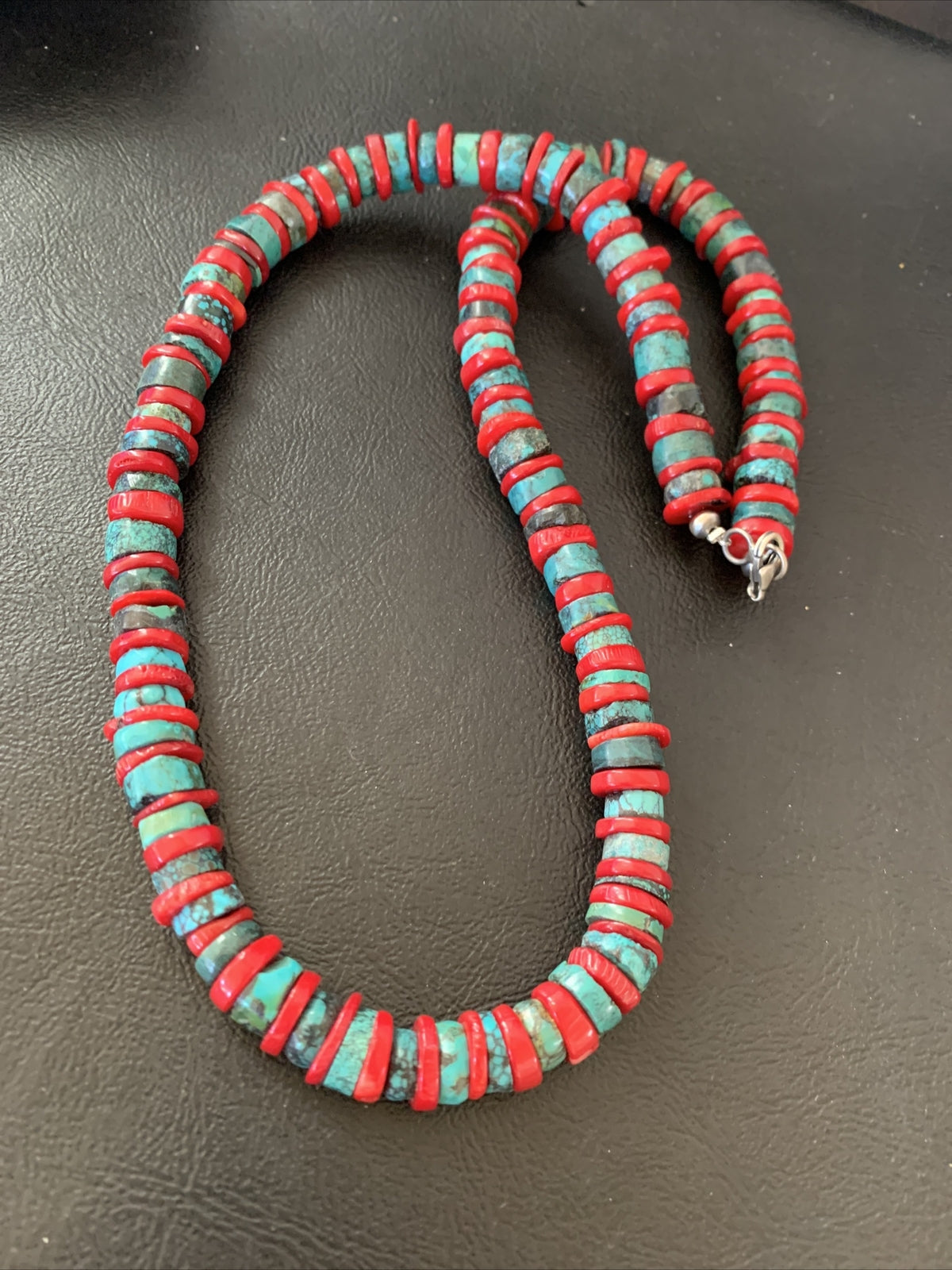 Mens Turquoise & Coral Heishi Navajo Sterling Silver Necklace 22” 14689