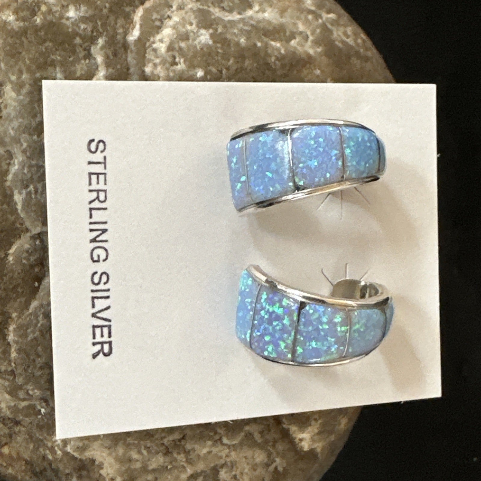 Blue Faux Opal Stud Inlay Navajo Sterling Silver Earrings 19261