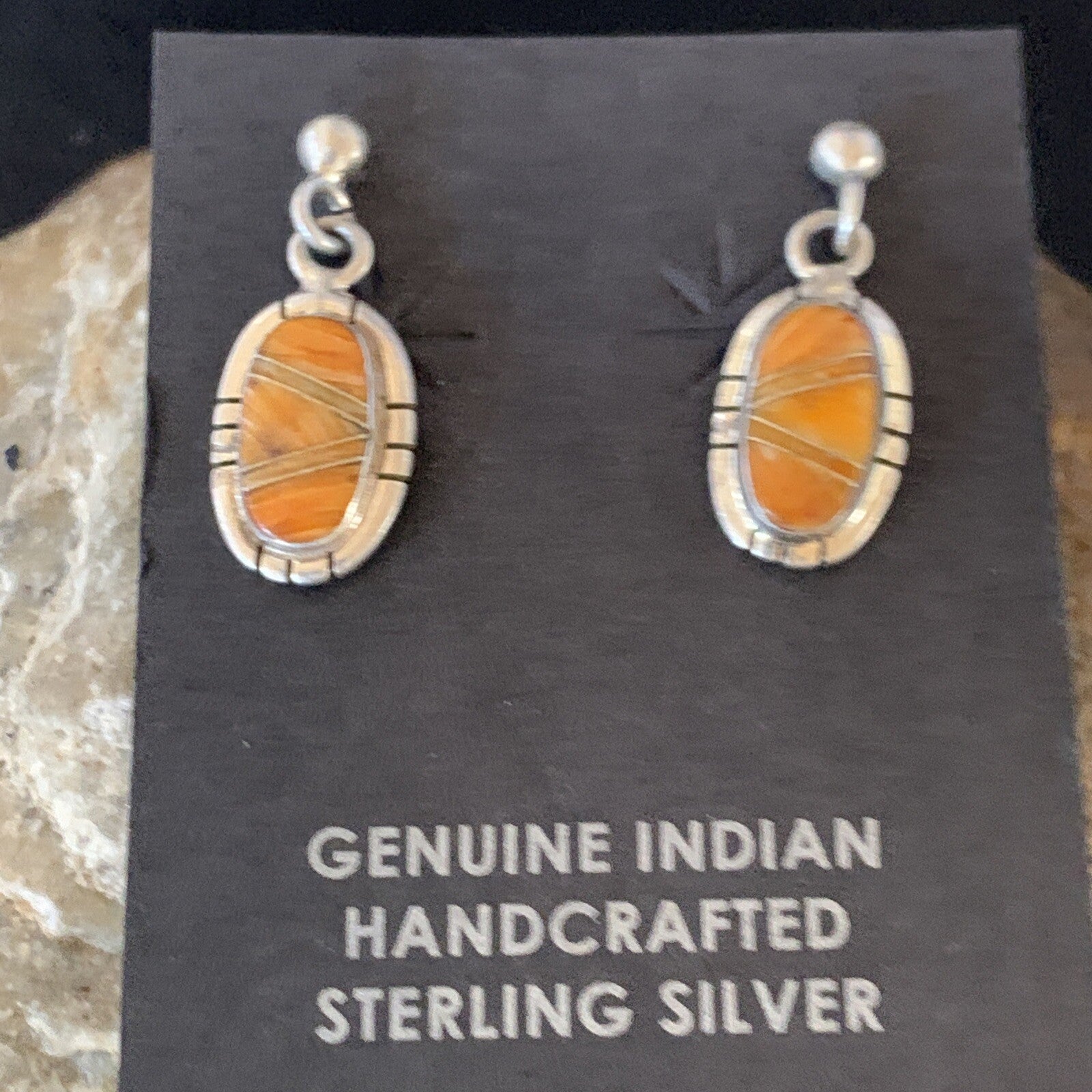 Orange Spiny Oyster Navajo Sterling Silver Dangle Inlay Earrings 12680