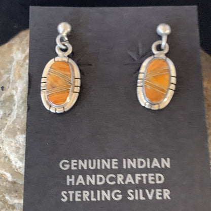 Orange Spiny Oyster Navajo Sterling Silver Dangle Inlay Earrings 12680