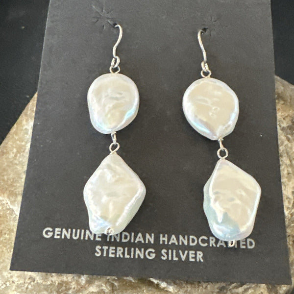 White Freshwater Pearl Dangle Earrings 1.5" | Sterling Silver | Authentic Native American Handmade | 3077